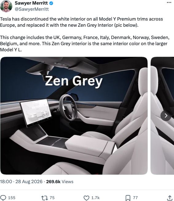 Post by @SawyerMerritt on X: Tesla has discontinued the white interior on all Model Y Premium trims across Europe, and replaced it with the new Zen Grey Interior.